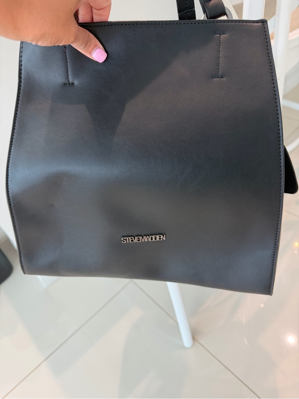 Steve Madden Black Smooth Leather Tote with Logo Accent